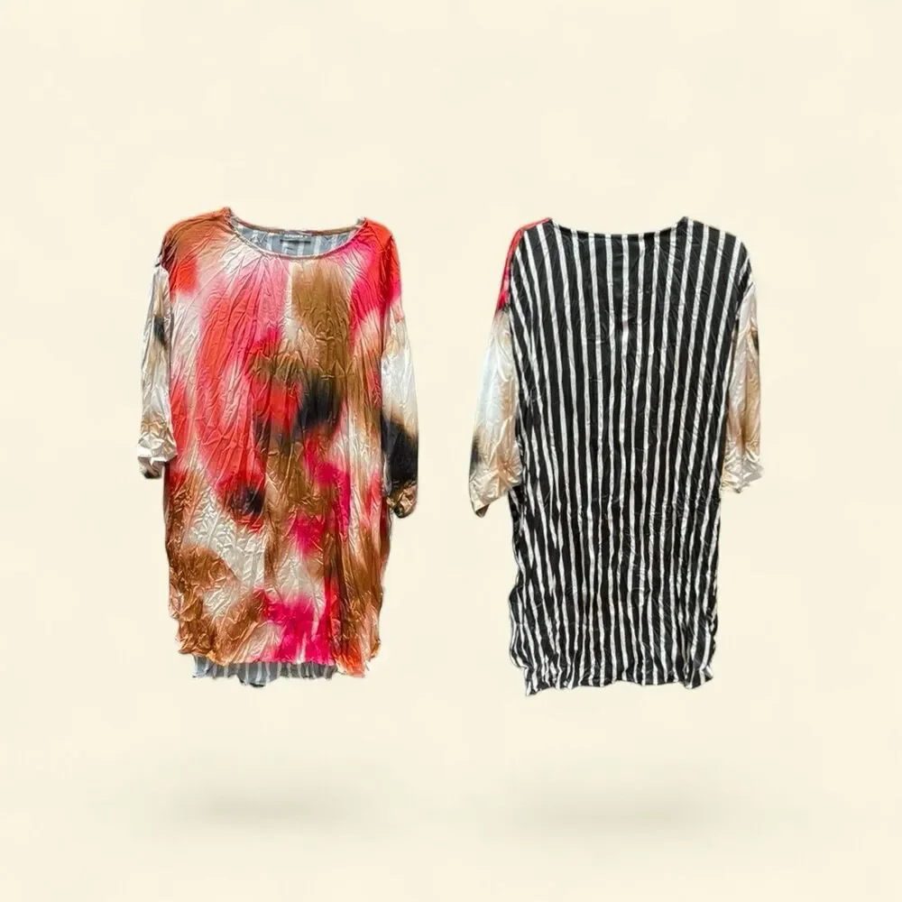 Alembika Oversized Tunic Dress XS Crinkle Satin Abstract Butterfly Art to Wear